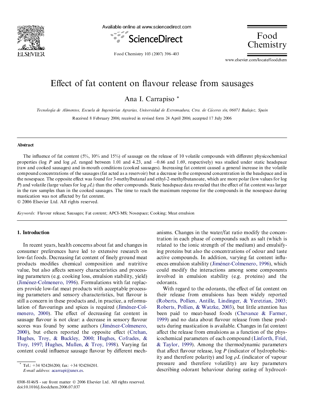 Effect of fat content on flavour release from sausages