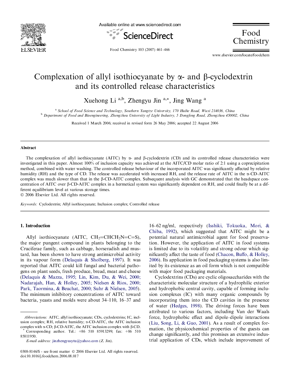 Complexation of allyl isothiocyanate by α- and β-cyclodextrin and its controlled release characteristics