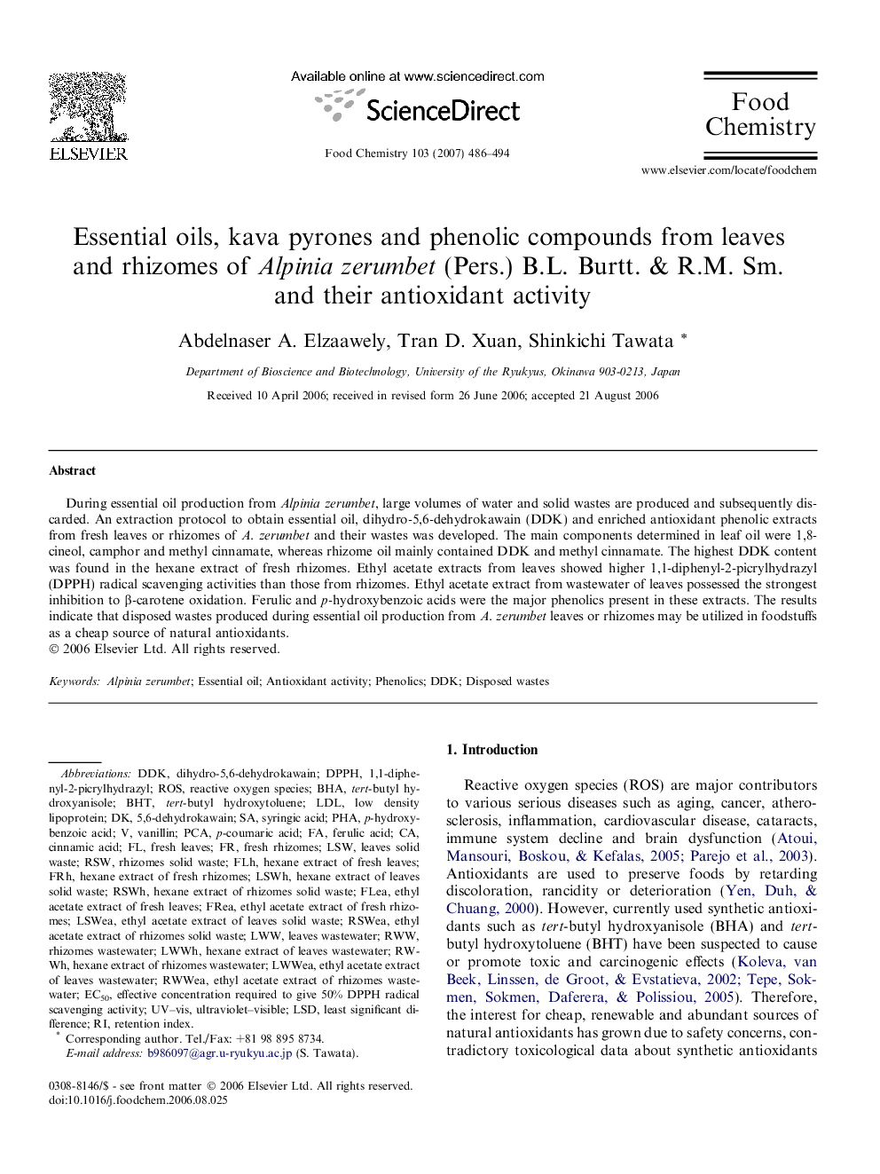 Essential oils, kava pyrones and phenolic compounds from leaves and rhizomes of Alpinia zerumbet (Pers.) B.L. Burtt. & R.M. Sm. and their antioxidant activity