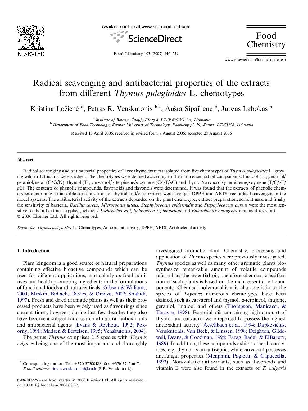 Radical scavenging and antibacterial properties of the extracts from different Thymus pulegioides L. chemotypes