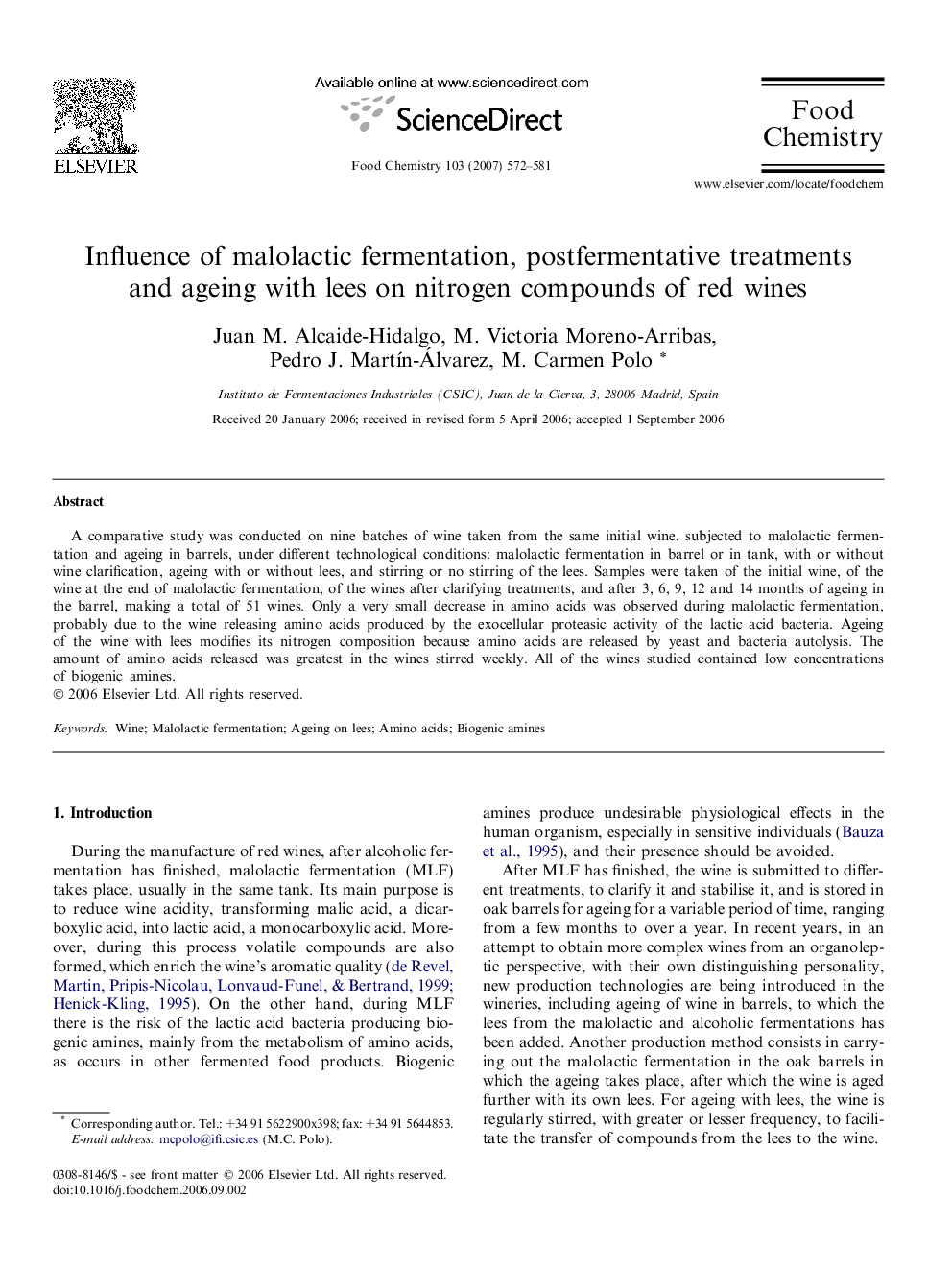 Influence of malolactic fermentation, postfermentative treatments and ageing with lees on nitrogen compounds of red wines