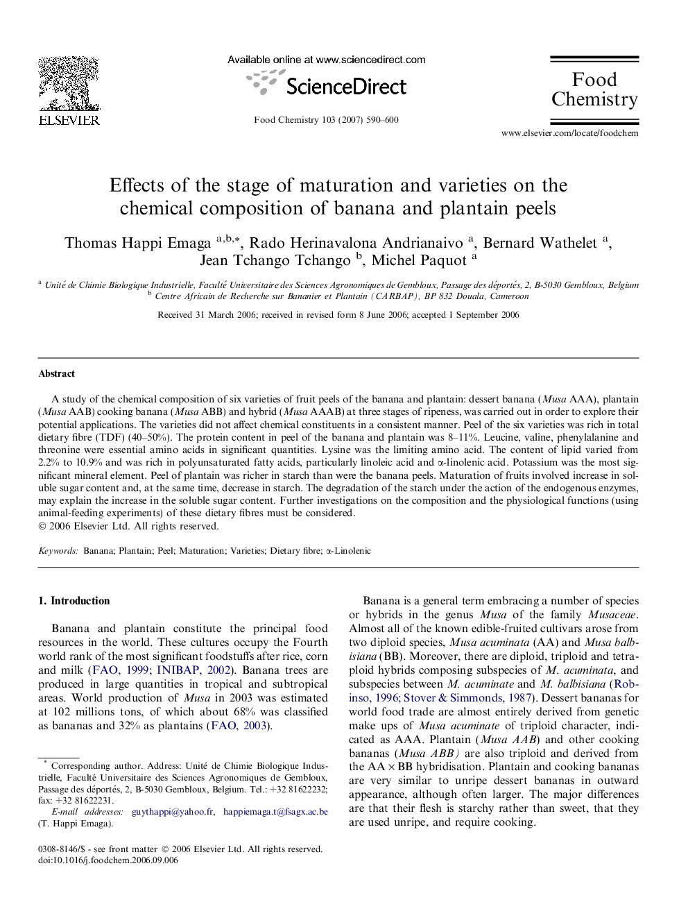 Effects of the stage of maturation and varieties on the chemical composition of banana and plantain peels