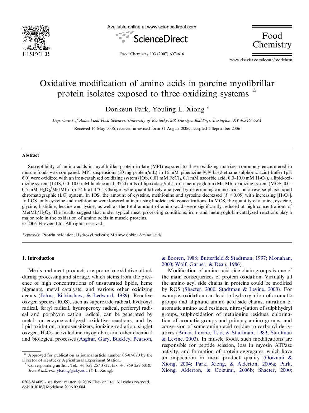 عکس صفحه اول مقاله: Oxidative modification of amino acids in porcine myofibrillar protein isolates exposed to three oxidizing systems Oxidative modification of amino acids in porcine myofibrillar protein isolates exposed to three oxidizing systems