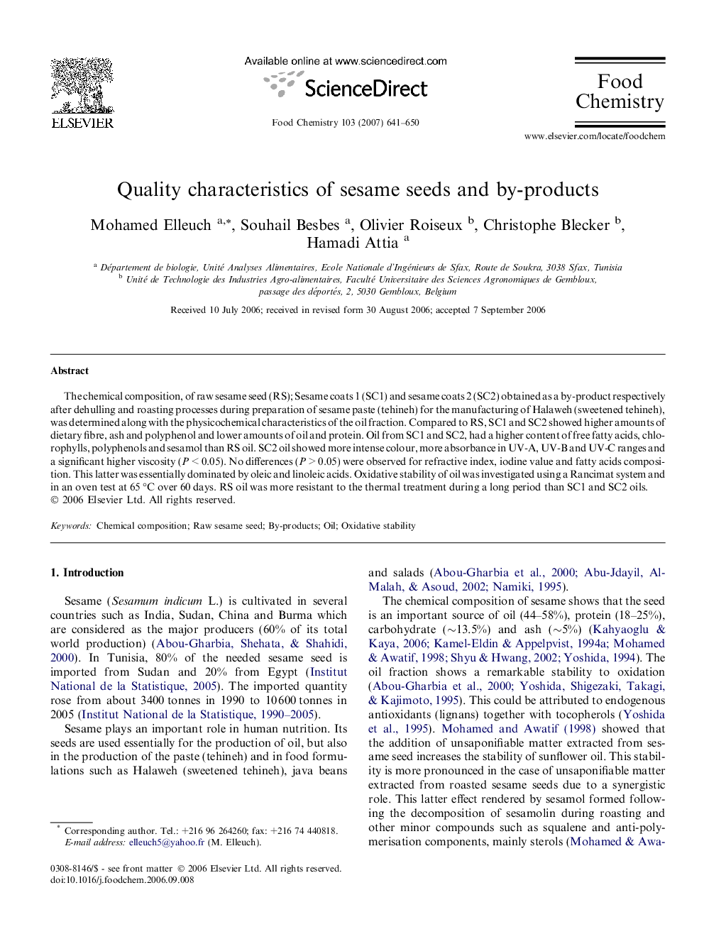 Quality characteristics of sesame seeds and by-products