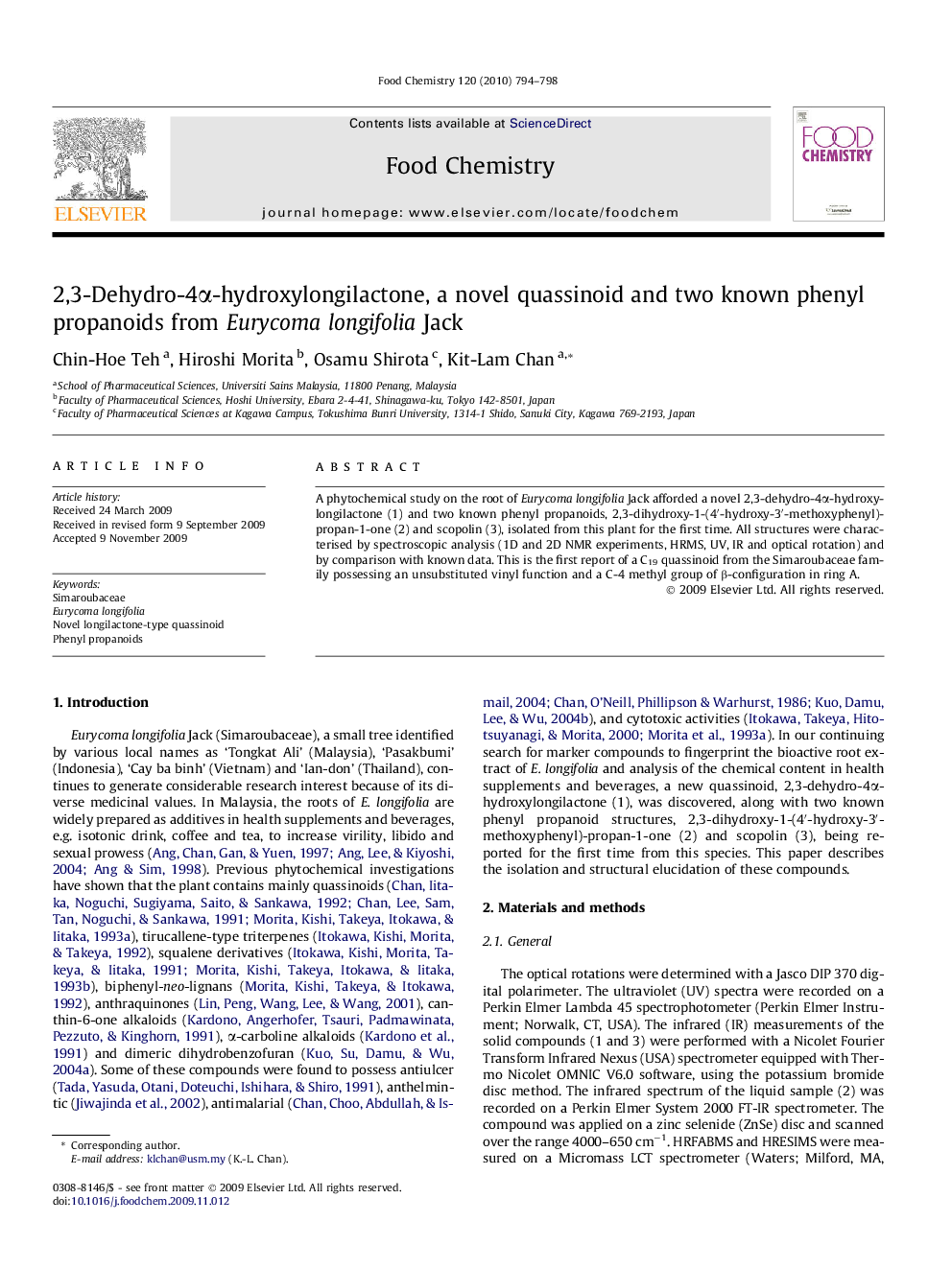 2,3-Dehydro-4α-hydroxylongilactone, a novel quassinoid and two known phenyl propanoids from Eurycoma longifolia Jack