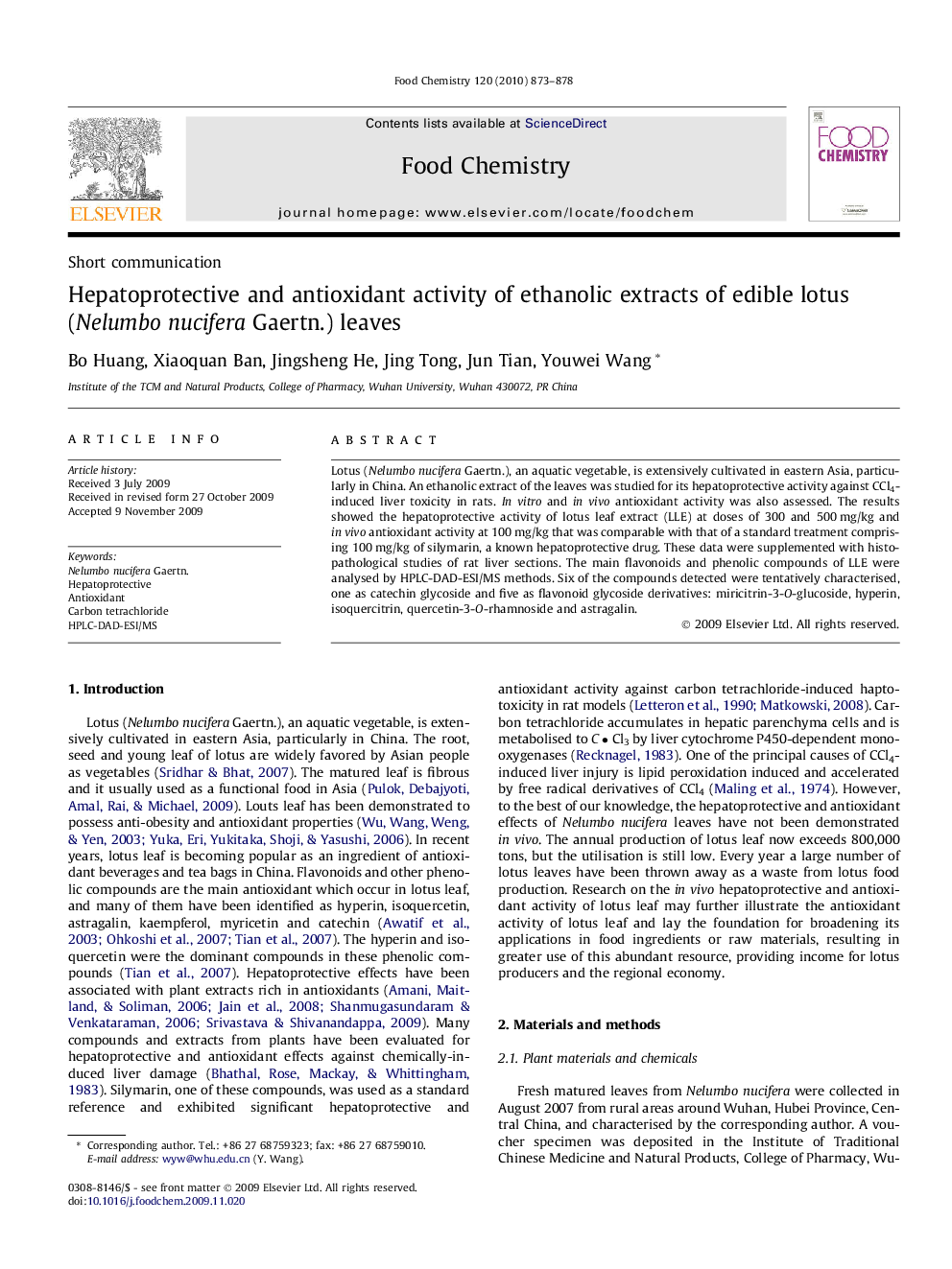 Hepatoprotective and antioxidant activity of ethanolic extracts of edible lotus (Nelumbo nucifera Gaertn.) leaves