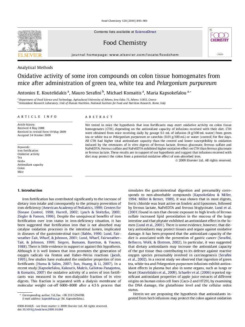 Oxidative activity of some iron compounds on colon tissue homogenates from mice after administration of green tea, white tea and Pelargonium purpureum