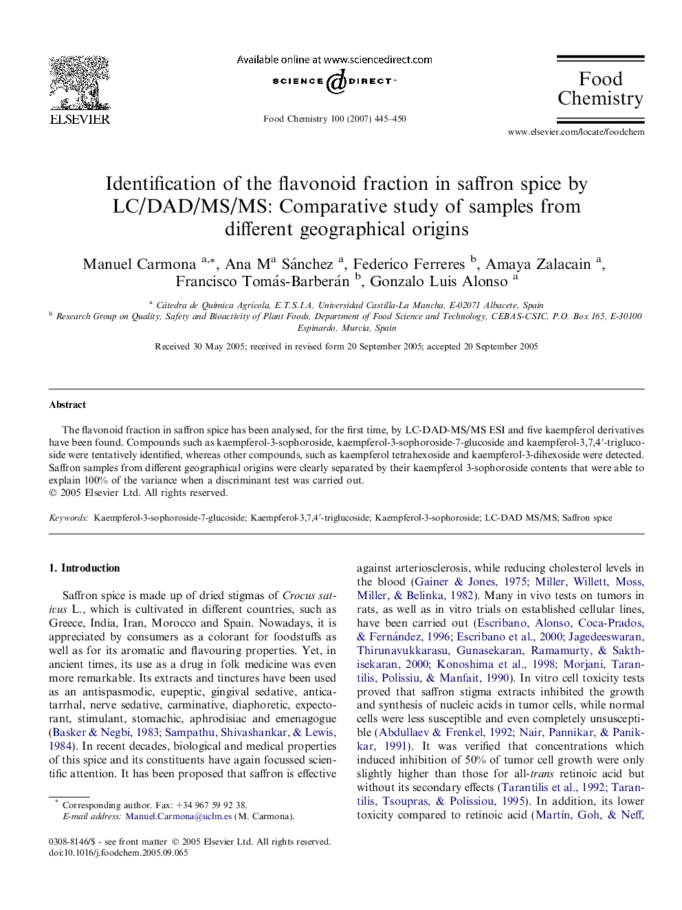 Identification of the flavonoid fraction in saffron spice by LC/DAD/MS/MS: Comparative study of samples from different geographical origins
