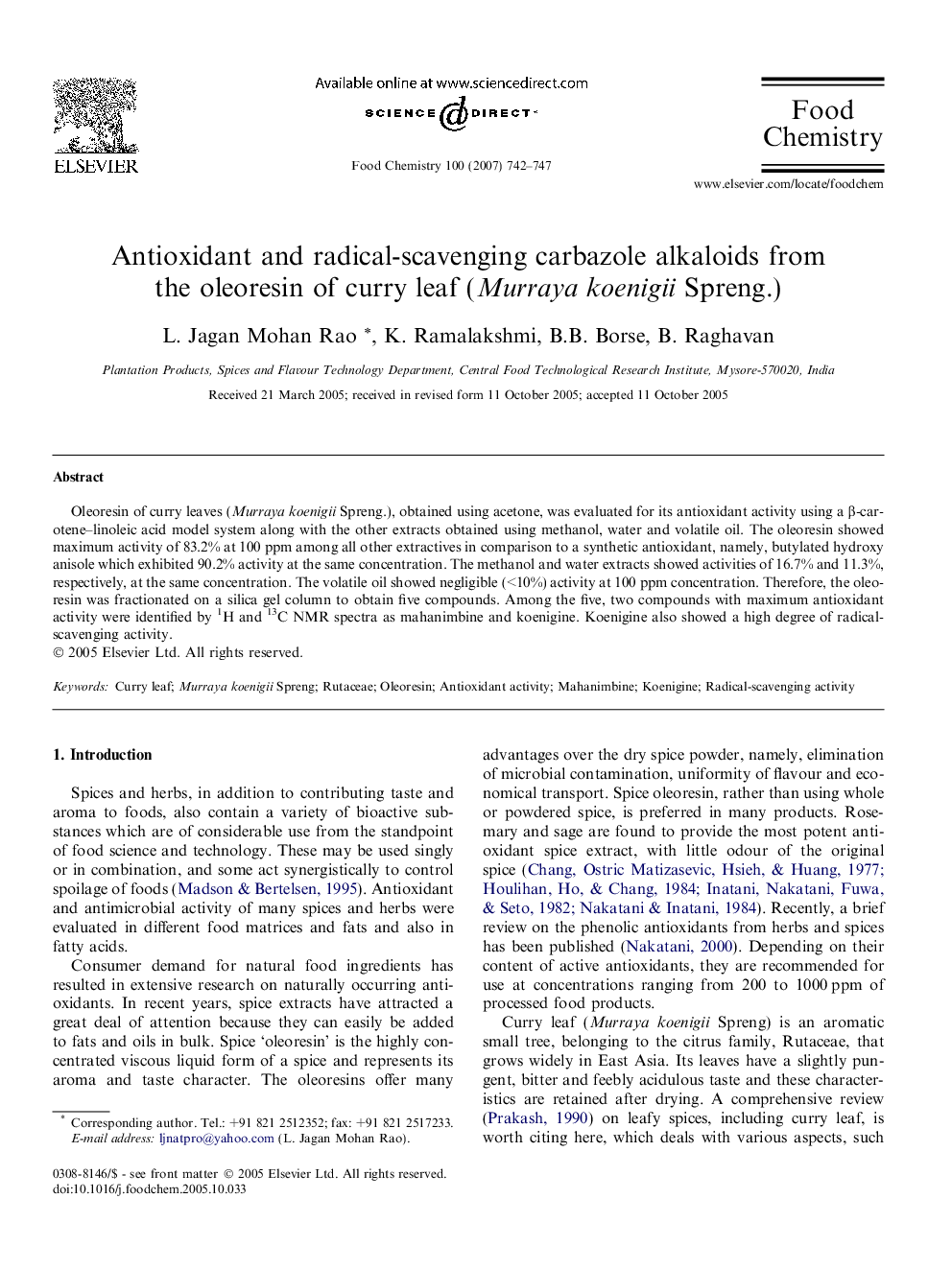 Antioxidant and radical-scavenging carbazole alkaloids from the oleoresin of curry leaf (Murraya koenigii Spreng.)