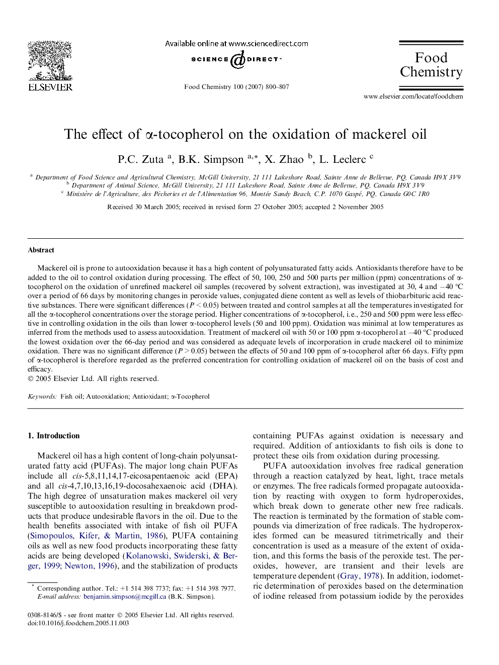 The effect of α-tocopherol on the oxidation of mackerel oil