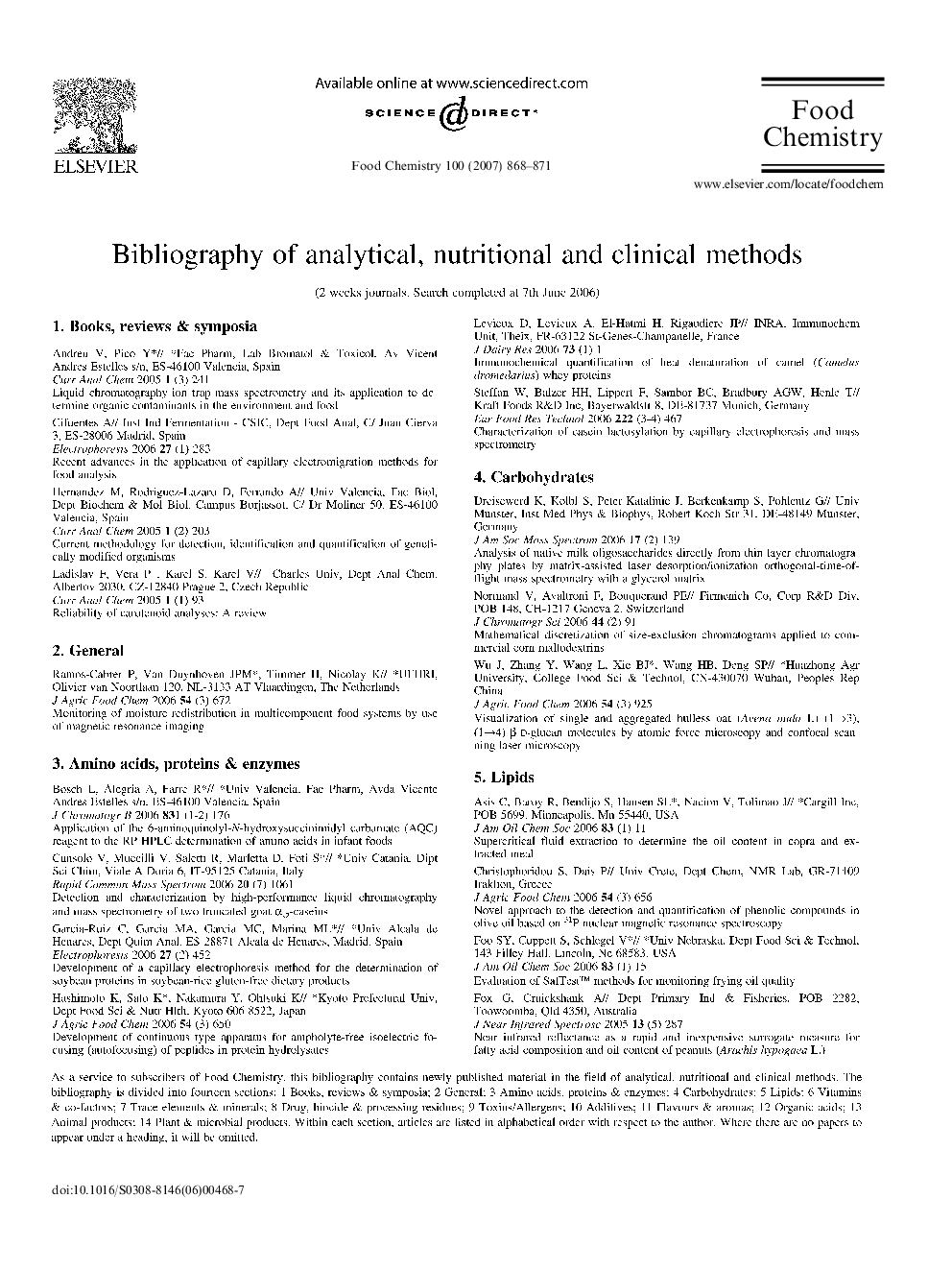 Bibliography of Analytical, Nutritional and Clinical Methods