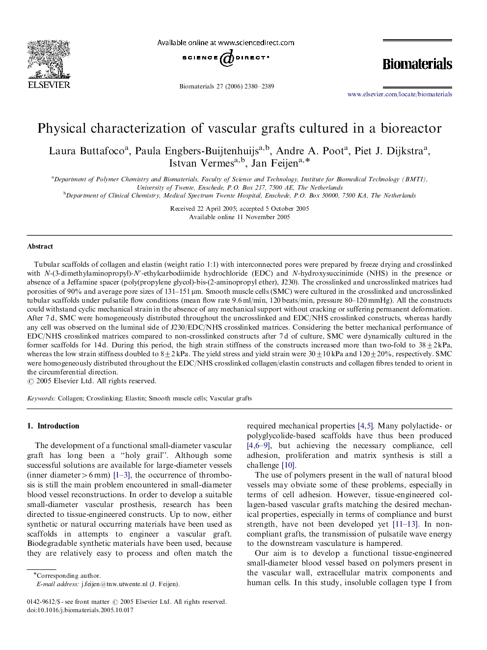 Physical characterization of vascular grafts cultured in a bioreactor