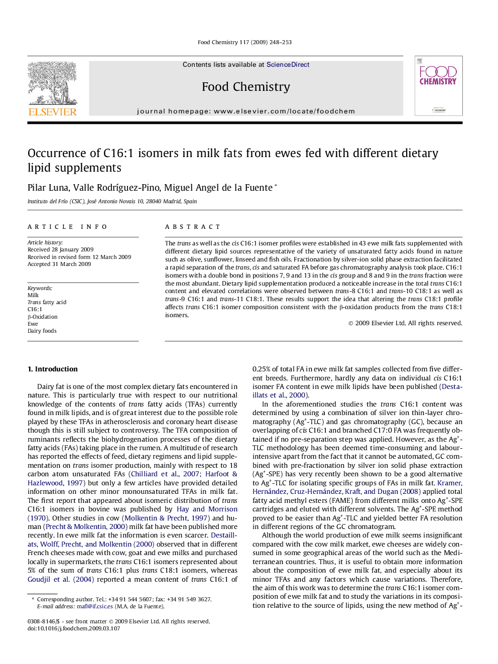 Occurrence of C16:1 isomers in milk fats from ewes fed with different dietary lipid supplements