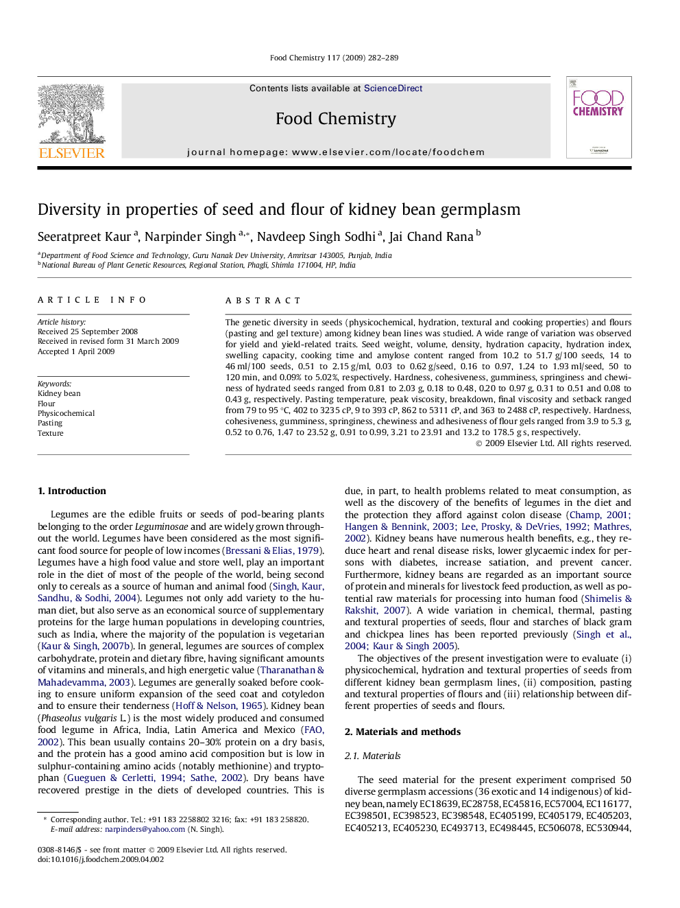 Diversity in properties of seed and flour of kidney bean germplasm