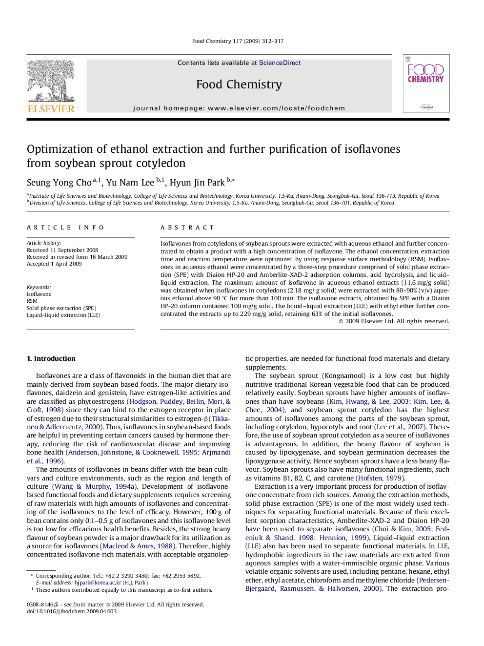 Optimization of ethanol extraction and further purification of isoflavones from soybean sprout cotyledon