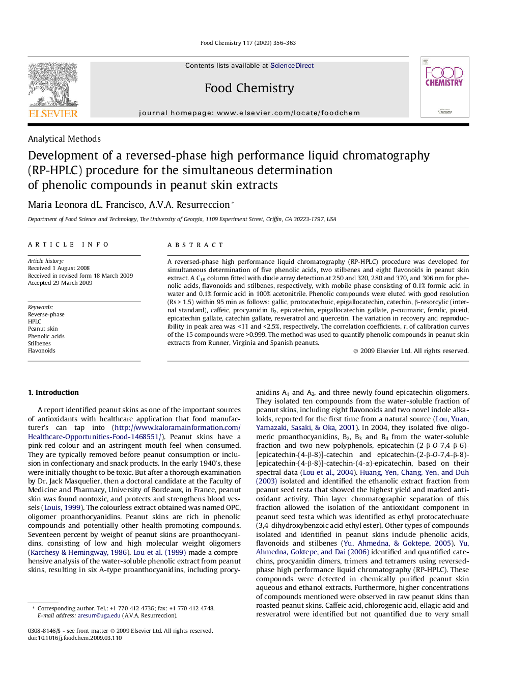 Development of a reversed-phase high performance liquid chromatography (RP-HPLC) procedure for the simultaneous determination of phenolic compounds in peanut skin extracts