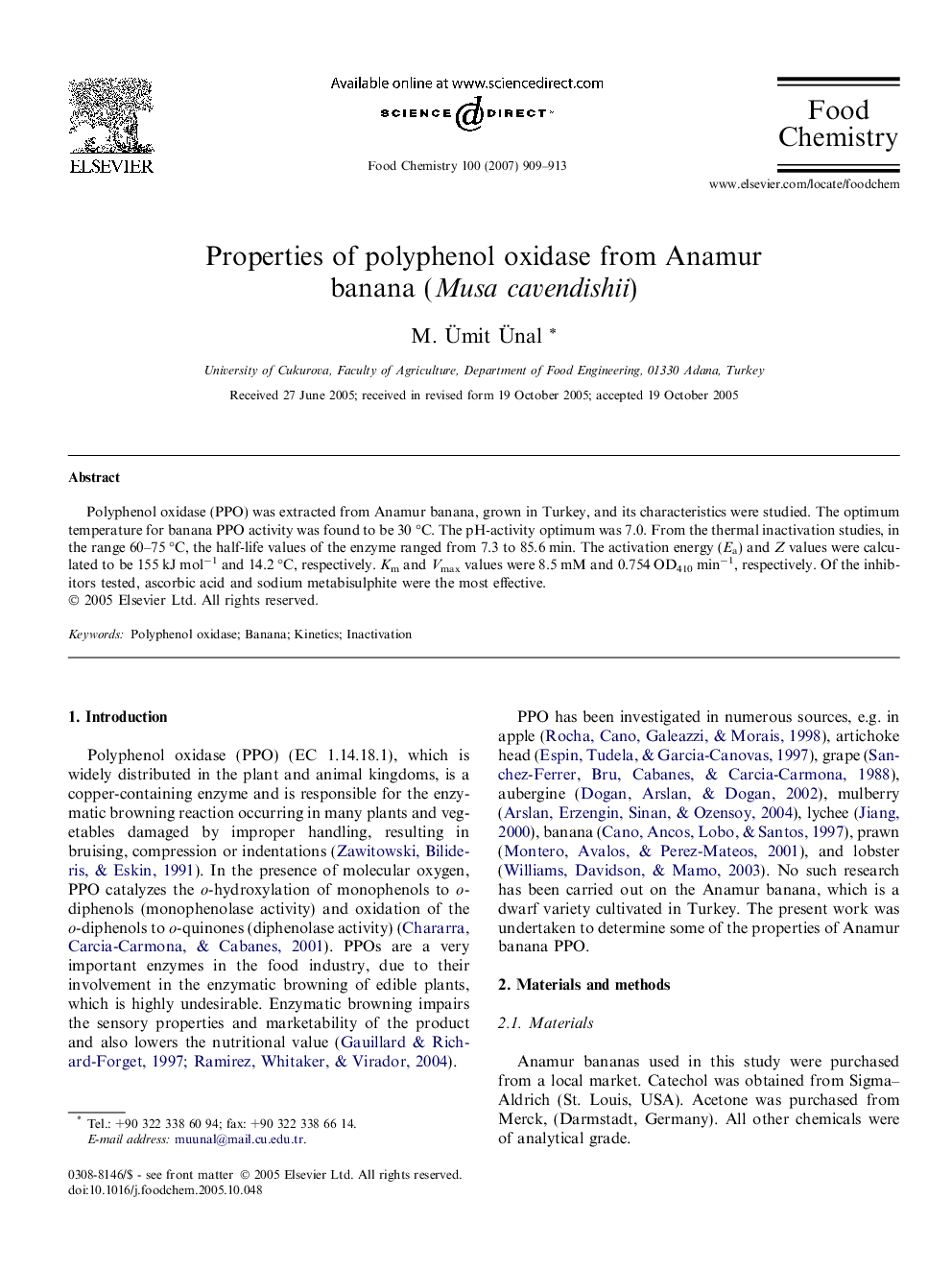 Properties of polyphenol oxidase from Anamur banana (Musa cavendishii)