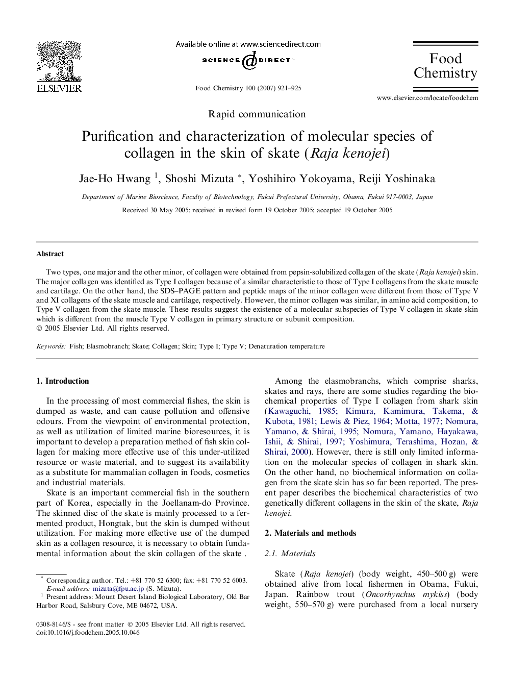 Purification and characterization of molecular species of collagen in the skin of skate (Raja kenojei)