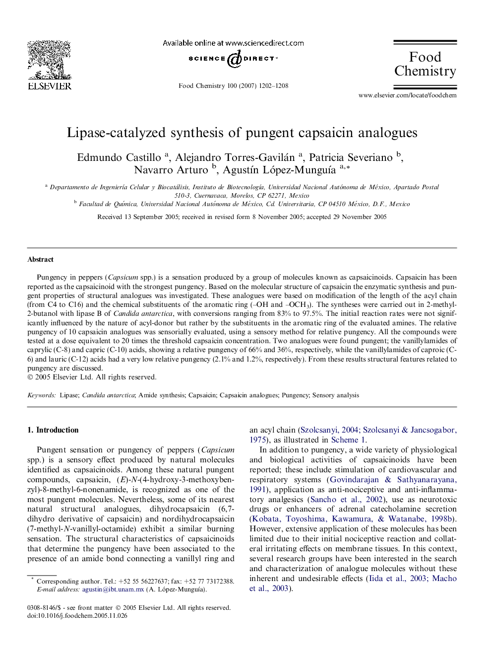 Lipase-catalyzed synthesis of pungent capsaicin analogues