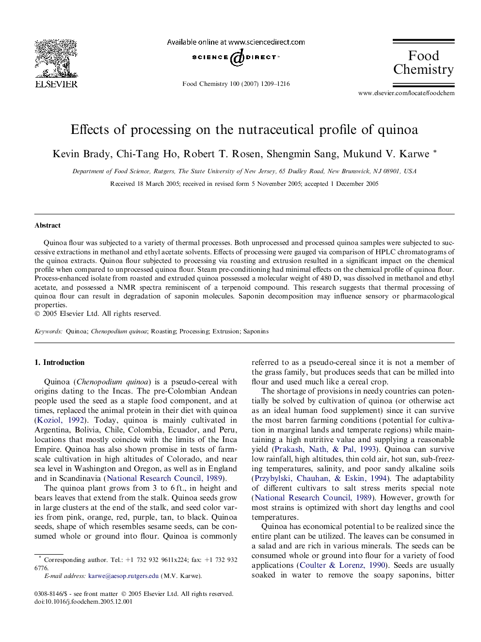 Effects of processing on the nutraceutical profile of quinoa