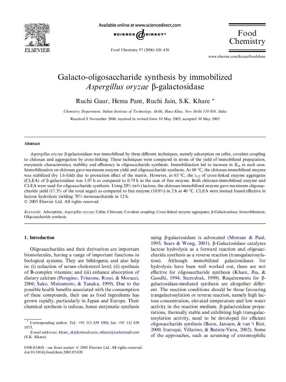 Galacto-oligosaccharide synthesis by immobilized Aspergillus oryzae β-galactosidase