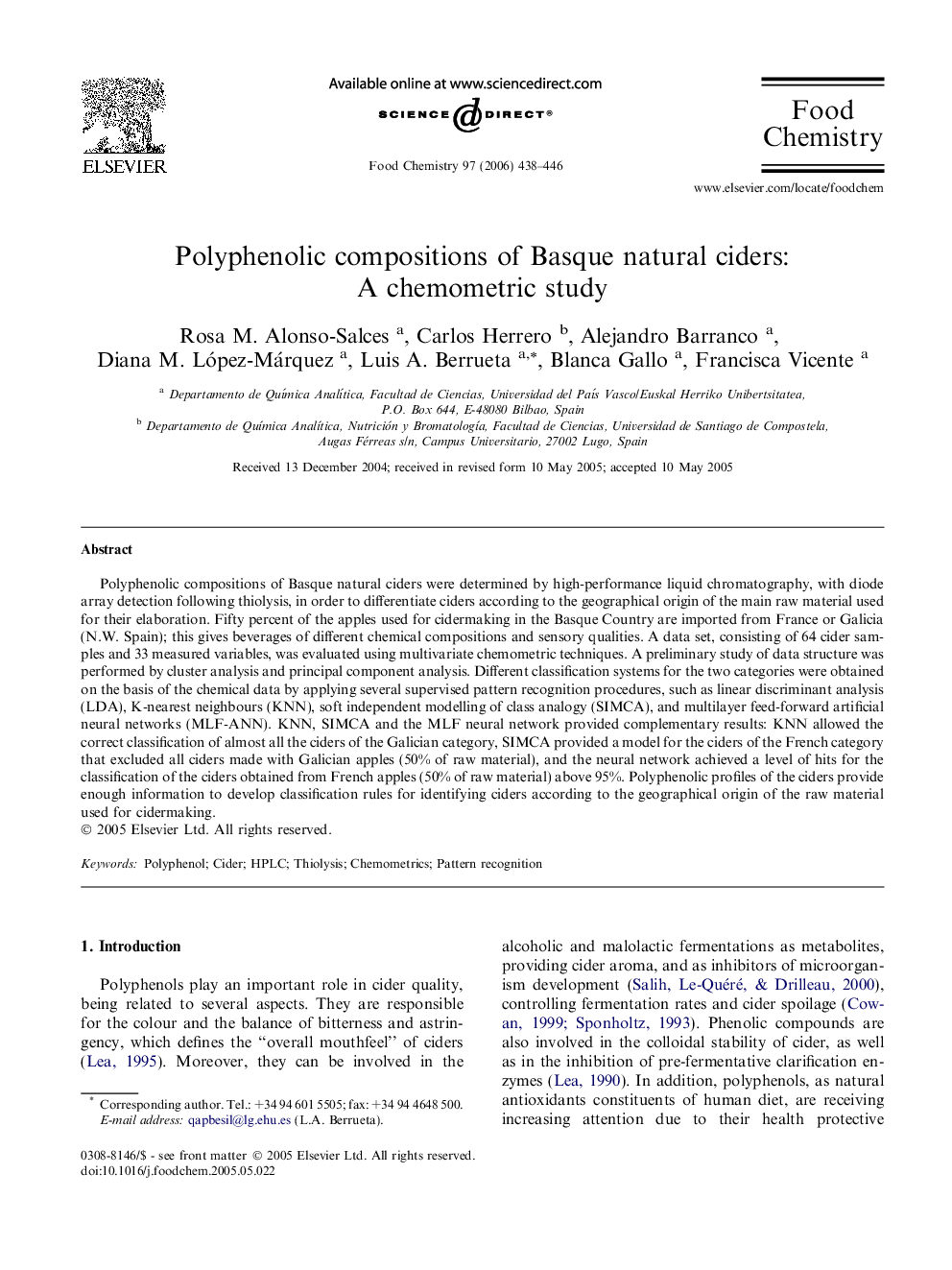 Polyphenolic compositions of Basque natural ciders: A chemometric study