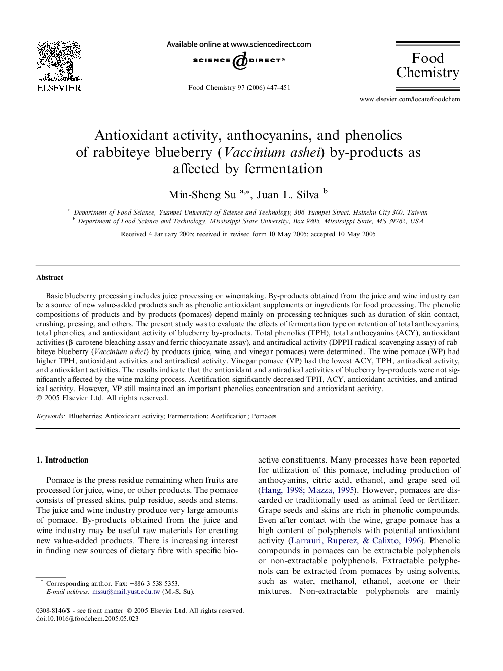 Antioxidant activity, anthocyanins, and phenolics of rabbiteye blueberry (Vaccinium ashei) by-products as affected by fermentation