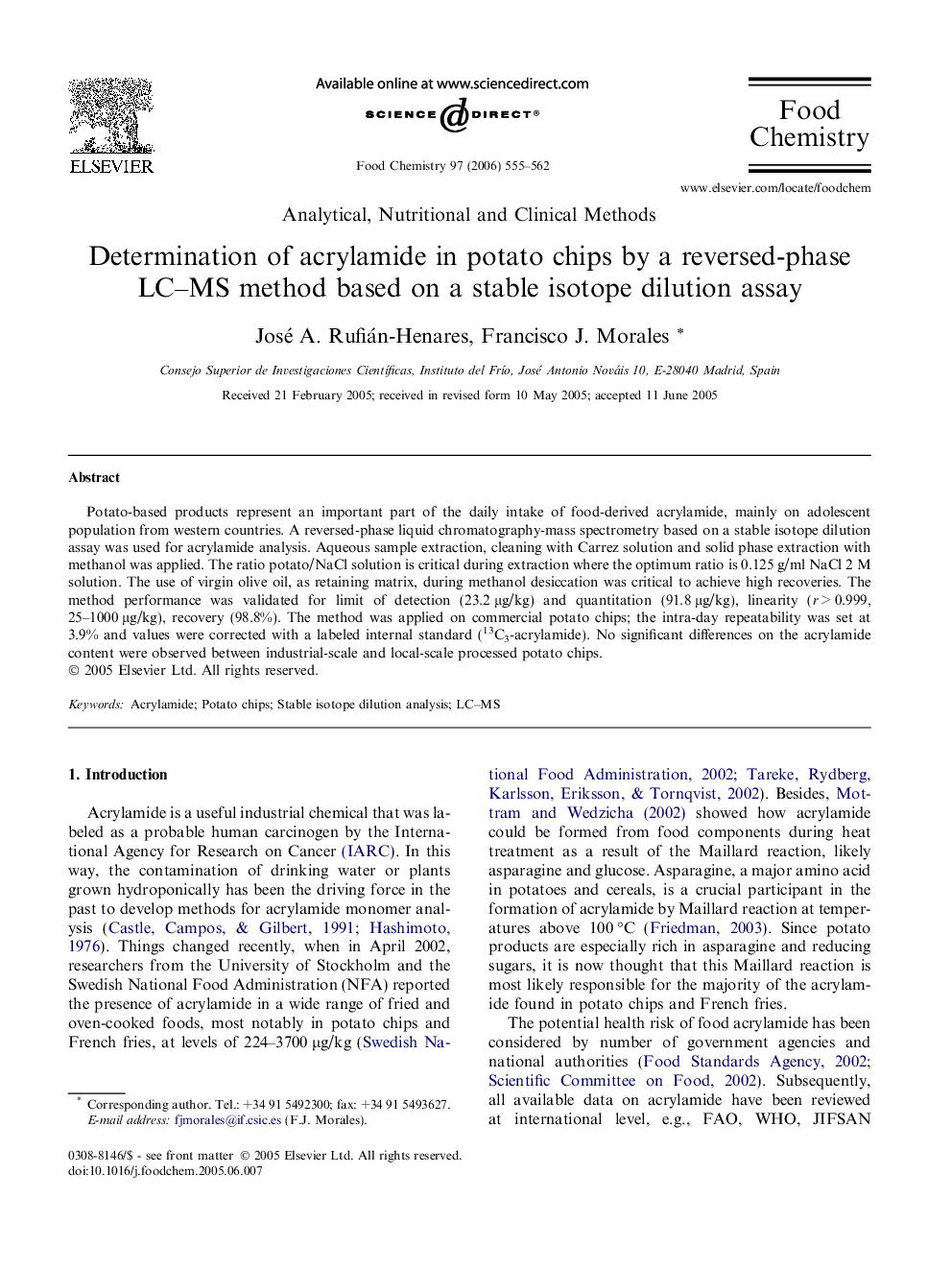 عکس صفحه اول مقاله: Determination of acrylamide in potato chips by a reversed-phase LC–MS method based on a stable isotope dilution assay Determination of acrylamide in potato chips by a reversed-phase LC–MS method based on a stable isotope dilution assay