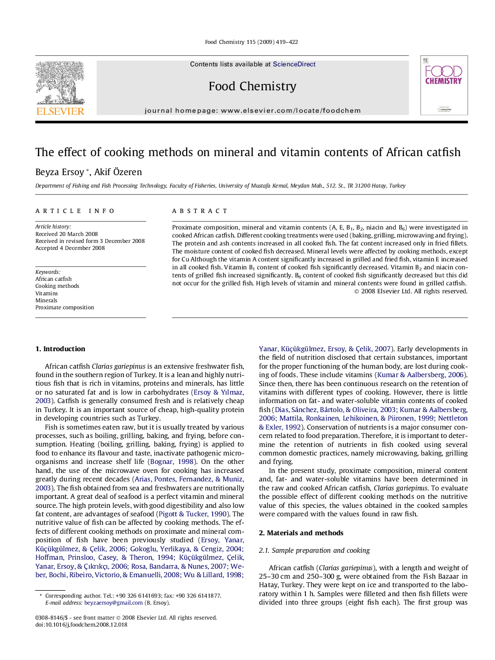 The effect of cooking methods on mineral and vitamin contents of African catfish