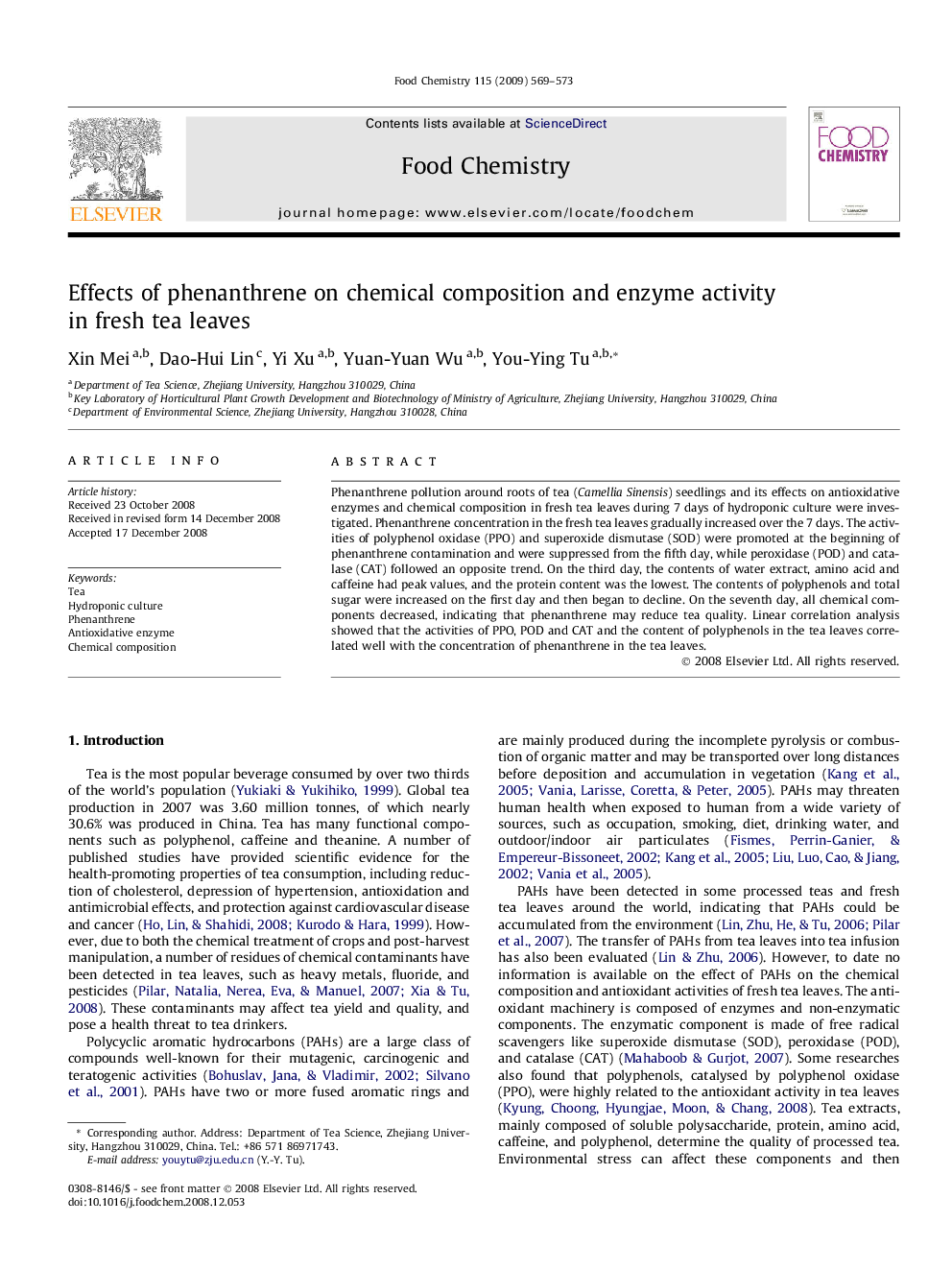 عکس صفحه اول مقاله: Effects of phenanthrene on chemical composition and enzyme activity in fresh tea leaves Effects of phenanthrene on chemical composition and enzyme activity in fresh tea leaves