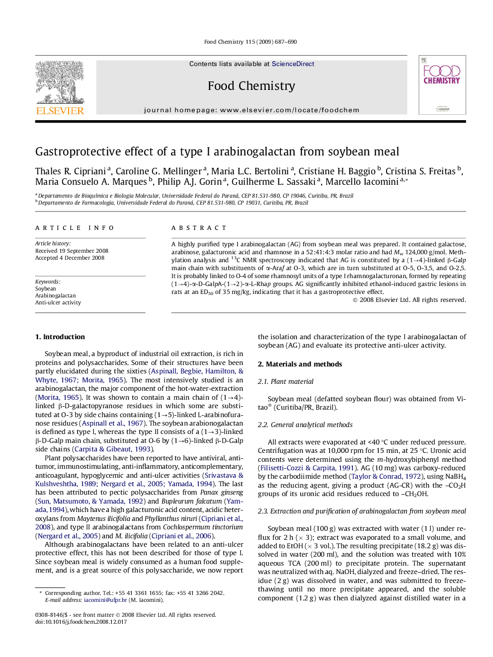 Gastroprotective effect of a type I arabinogalactan from soybean meal