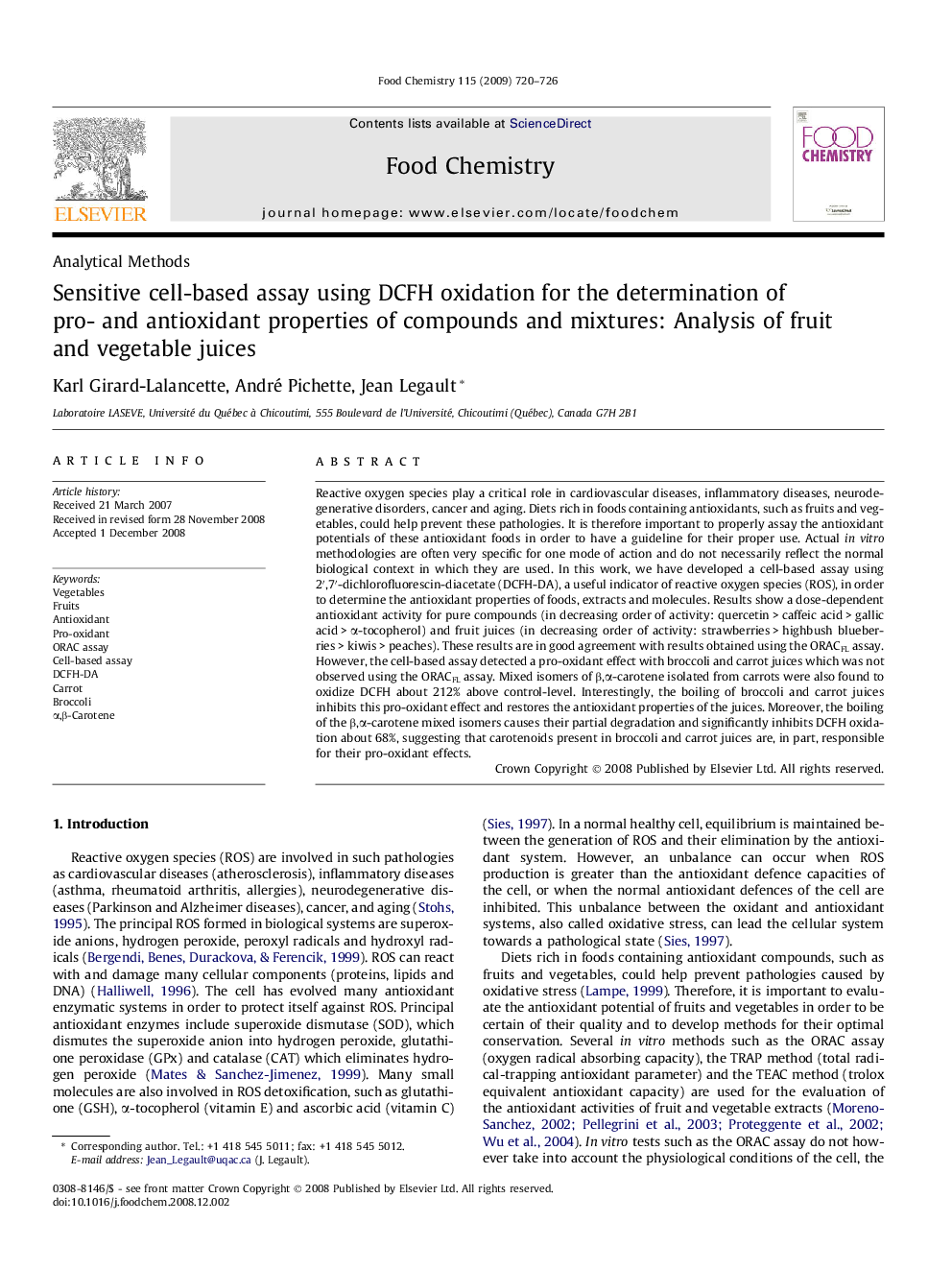 Sensitive cell-based assay using DCFH oxidation for the determination of pro- and antioxidant properties of compounds and mixtures: Analysis of fruit and vegetable juices