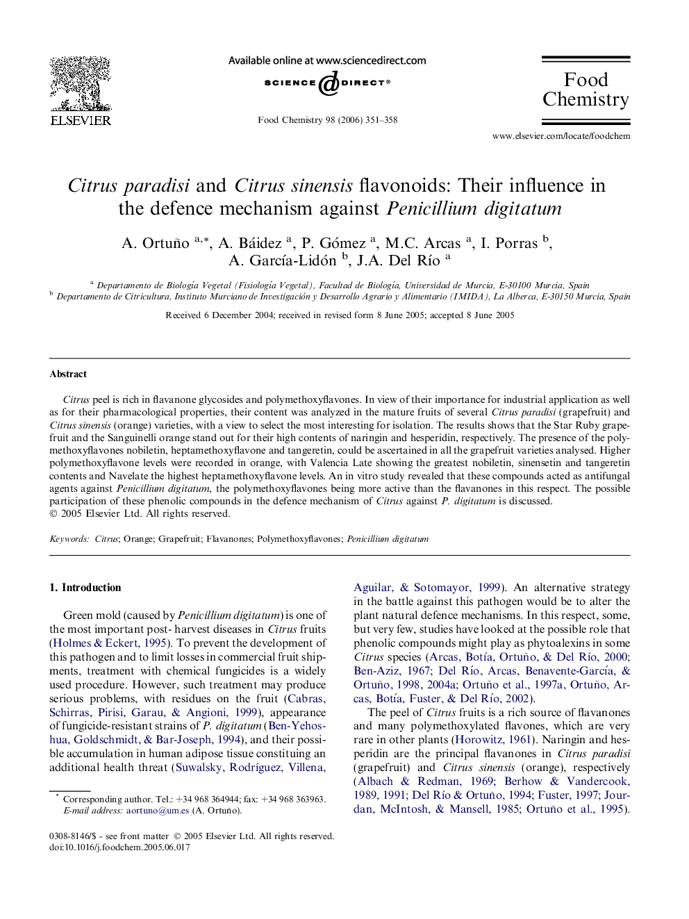 Citrus paradisi and Citrus sinensis flavonoids: Their influence in the defence mechanism against Penicillium digitatum