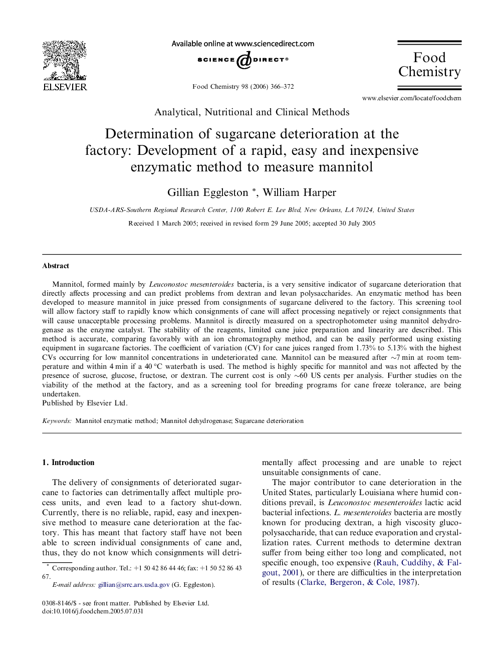 Determination of sugarcane deterioration at the factory: Development of a rapid, easy and inexpensive enzymatic method to measure mannitol