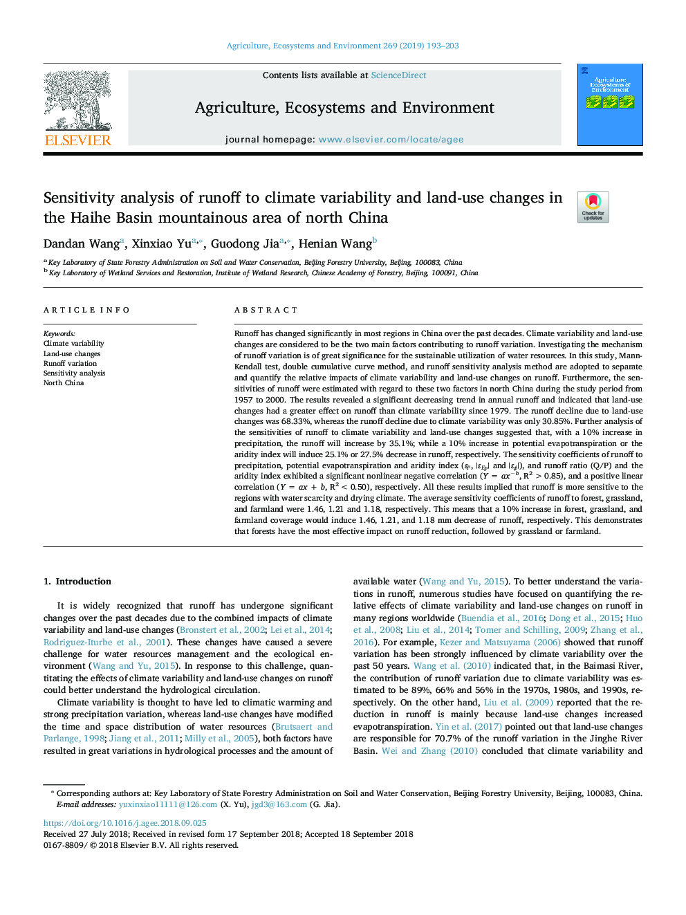 Sensitivity analysis of runoff to climate variability and land-use changes in the Haihe Basin mountainous area of north China