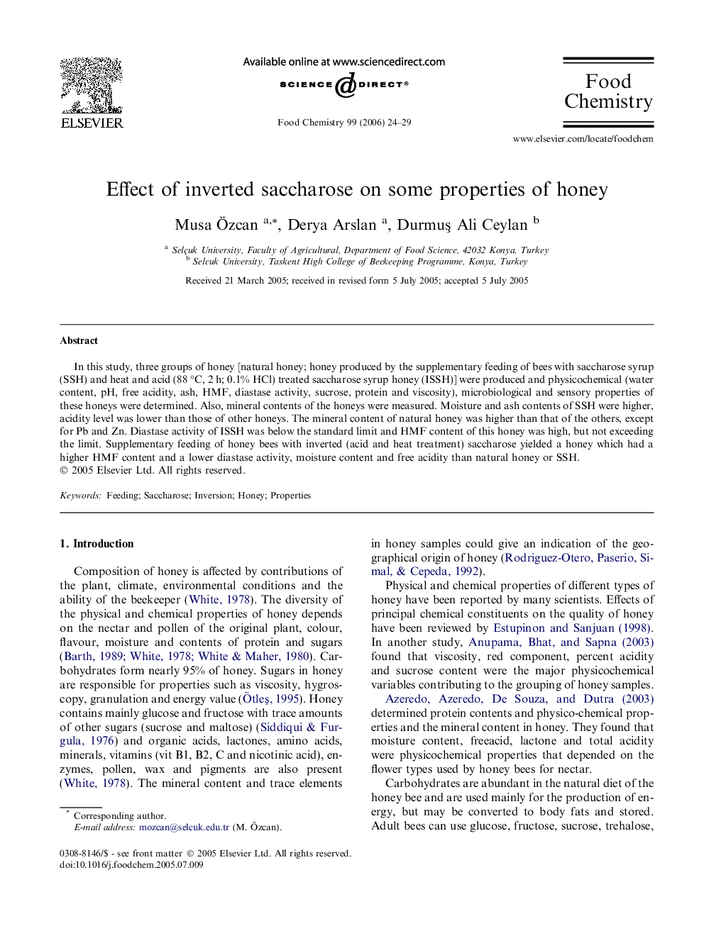 Effect of inverted saccharose on some properties of honey