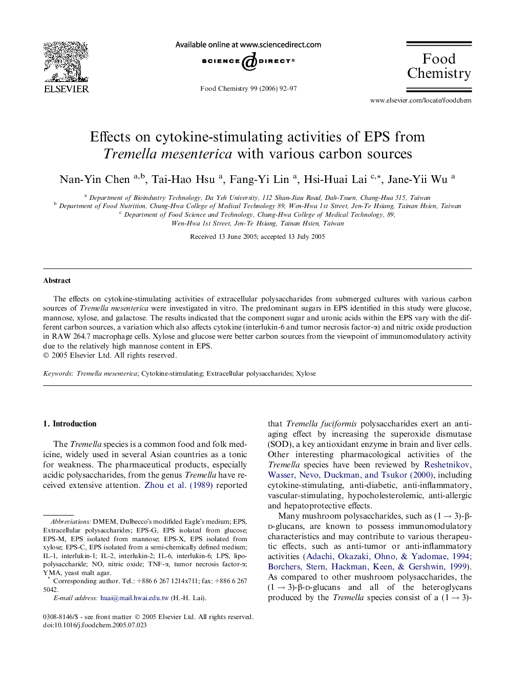 Effects on cytokine-stimulating activities of EPS from Tremella mesenterica with various carbon sources