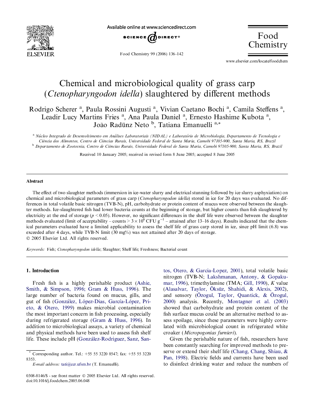 Chemical and microbiological quality of grass carp (Ctenopharyngodon idella) slaughtered by different methods