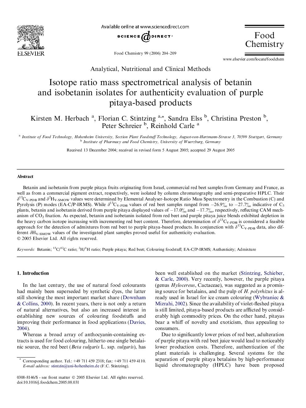Isotope ratio mass spectrometrical analysis of betanin and isobetanin isolates for authenticity evaluation of purple pitaya-based products