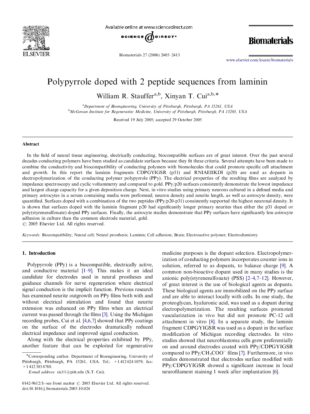 Polypyrrole doped with 2 peptide sequences from laminin