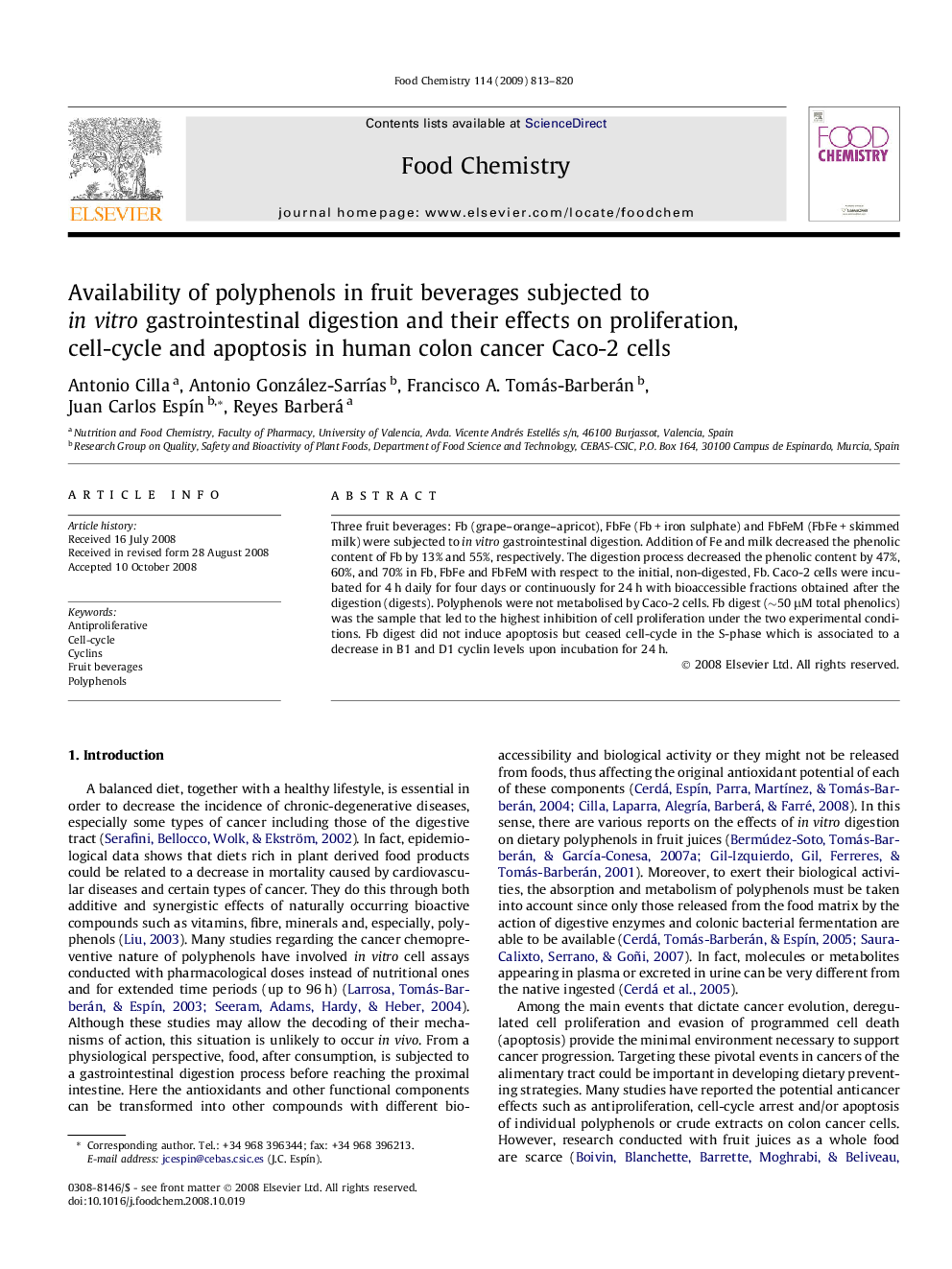 Availability of polyphenols in fruit beverages subjected to in vitro gastrointestinal digestion and their effects on proliferation, cell-cycle and apoptosis in human colon cancer Caco-2 cells