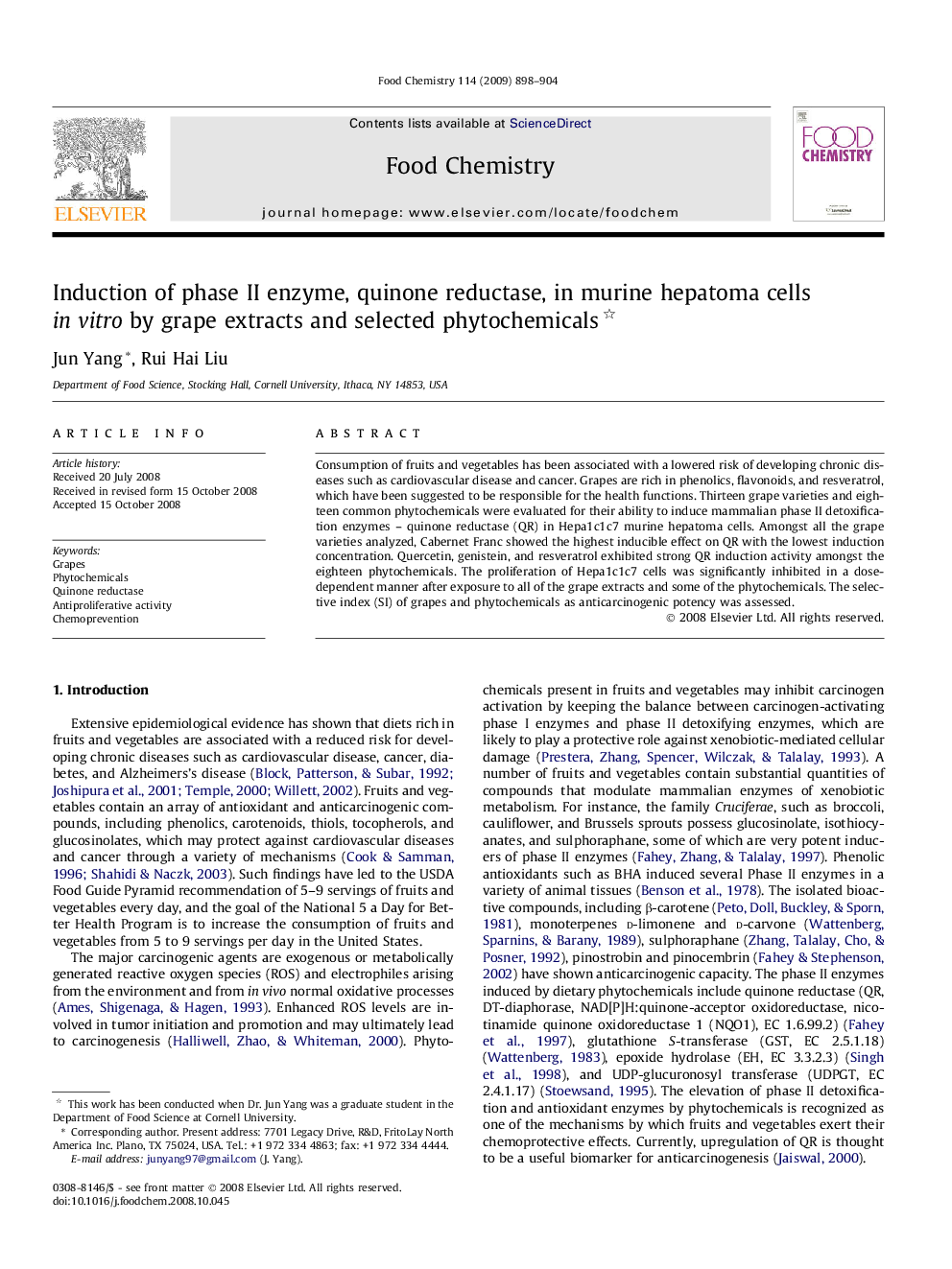 Induction of phase II enzyme, quinone reductase, in murine hepatoma cells in vitro by grape extracts and selected phytochemicals 