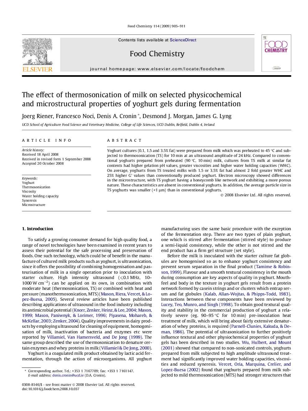 The effect of thermosonication of milk on selected physicochemical and microstructural properties of yoghurt gels during fermentation