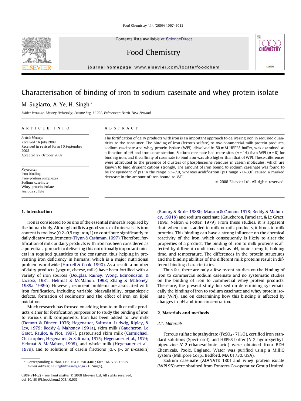 Characterisation of binding of iron to sodium caseinate and whey protein isolate