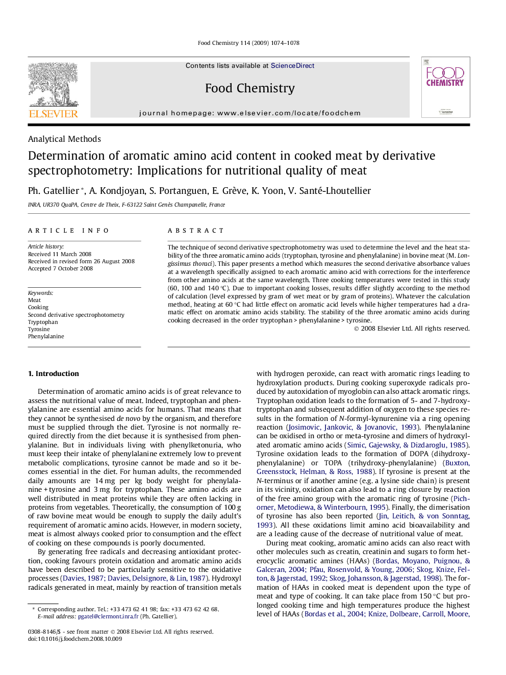 Determination of aromatic amino acid content in cooked meat by derivative spectrophotometry: Implications for nutritional quality of meat