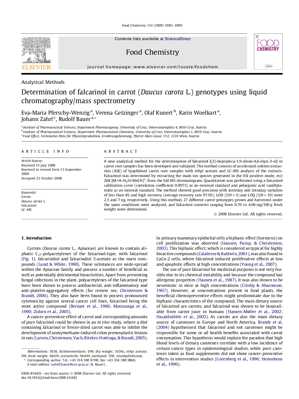 Determination of falcarinol in carrot (Daucus carota L.) genotypes using liquid chromatography/mass spectrometry