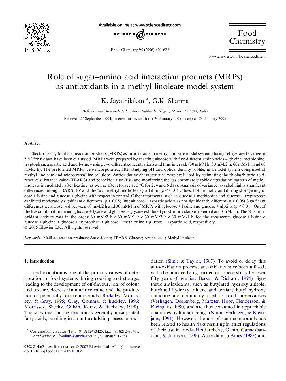 Role of sugar–amino acid interaction products (MRPs) as antioxidants in a methyl linoleate model system