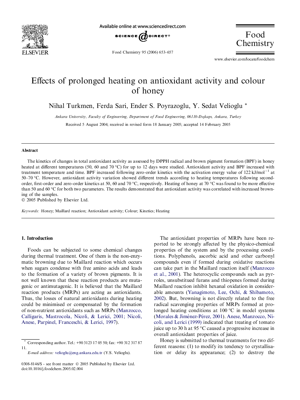 Effects of prolonged heating on antioxidant activity and colour of honey