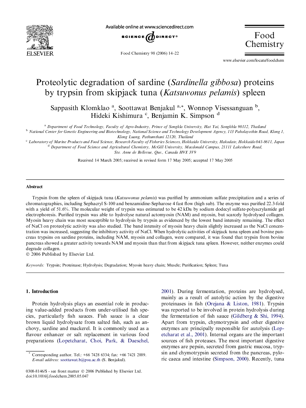 Proteolytic degradation of sardine (Sardinella gibbosa) proteins by trypsin from skipjack tuna (Katsuwonus pelamis) spleen