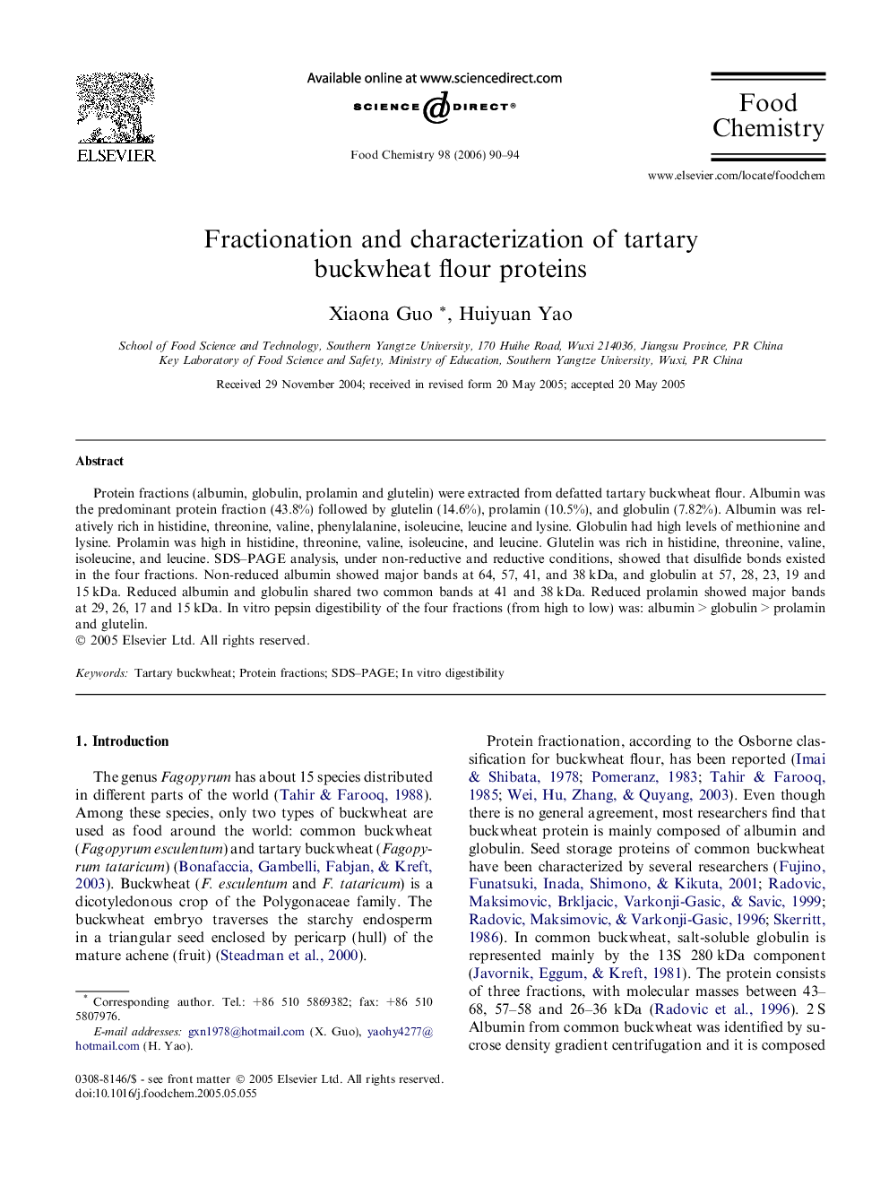 Fractionation and characterization of tartary buckwheat flour proteins